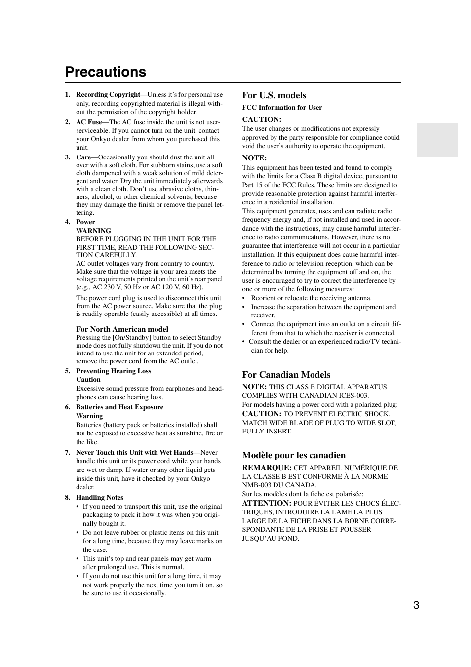 Precautions, For u.s. models, For canadian models | Modèle pour les canadien | Integra DHC-9.9 User Manual | Page 3 / 148