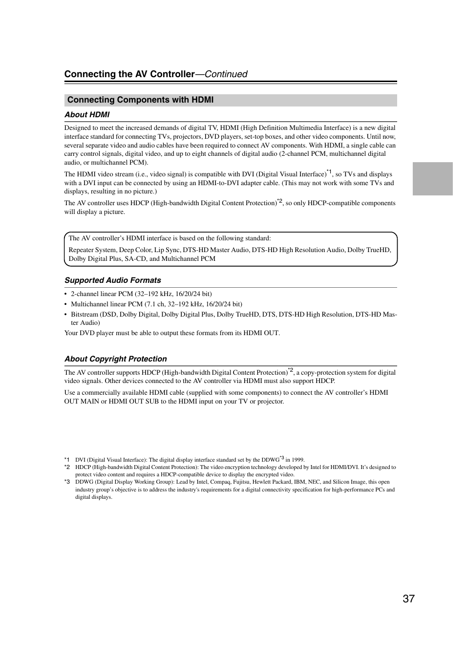 Connecting components with hdmi, Connecting the av controller —continued | Integra DHC-9.9 User Manual | Page 37 / 148