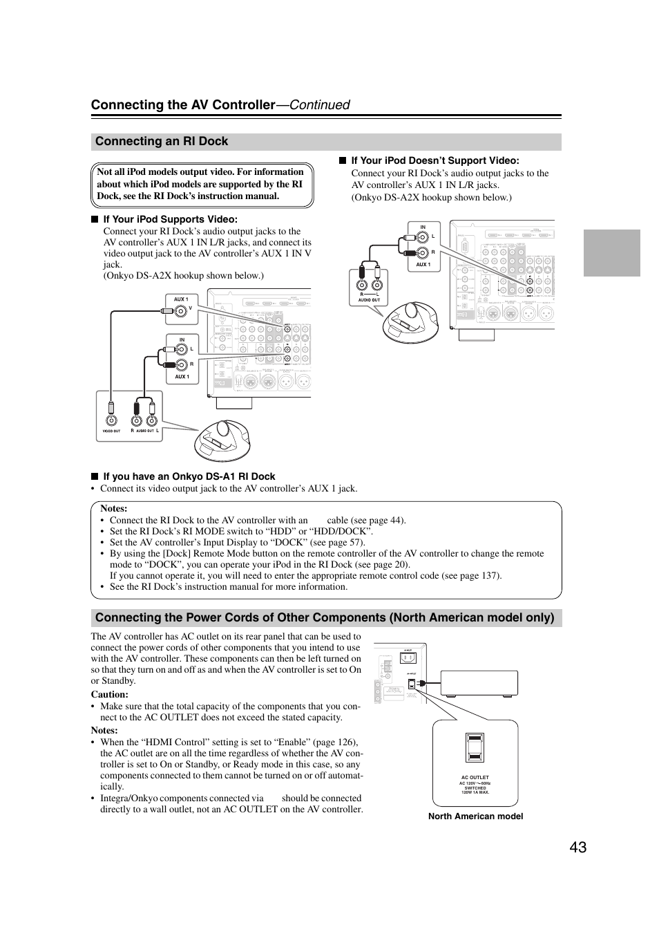 Connecting an ri dock, North american model only), Connecting the av controller —continued | Integra DHC-9.9 User Manual | Page 43 / 148