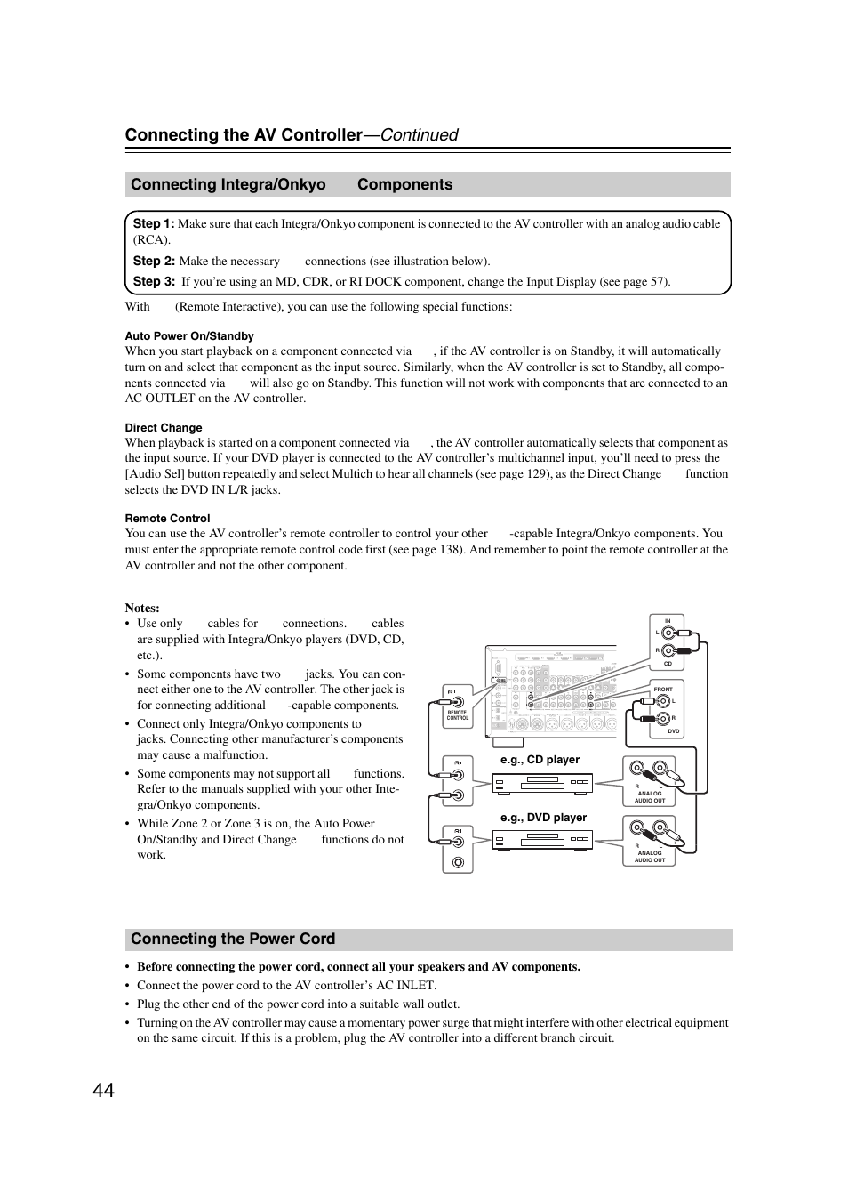 Connecting integra/onkyo ri components, Connecting the power cord, Connecting integra/onkyo | Connecting the av controller —continued, Connecting integra/onkyo components | Integra DHC-9.9 User Manual | Page 44 / 148