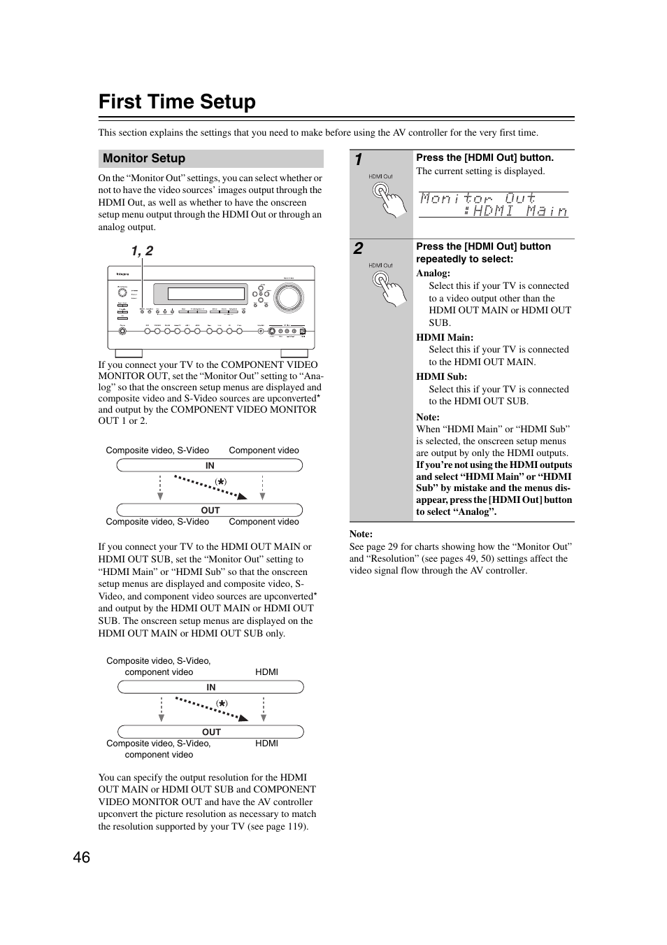 First time setup, Monitor setup, Tton (46) | Integra DHC-9.9 User Manual | Page 46 / 148