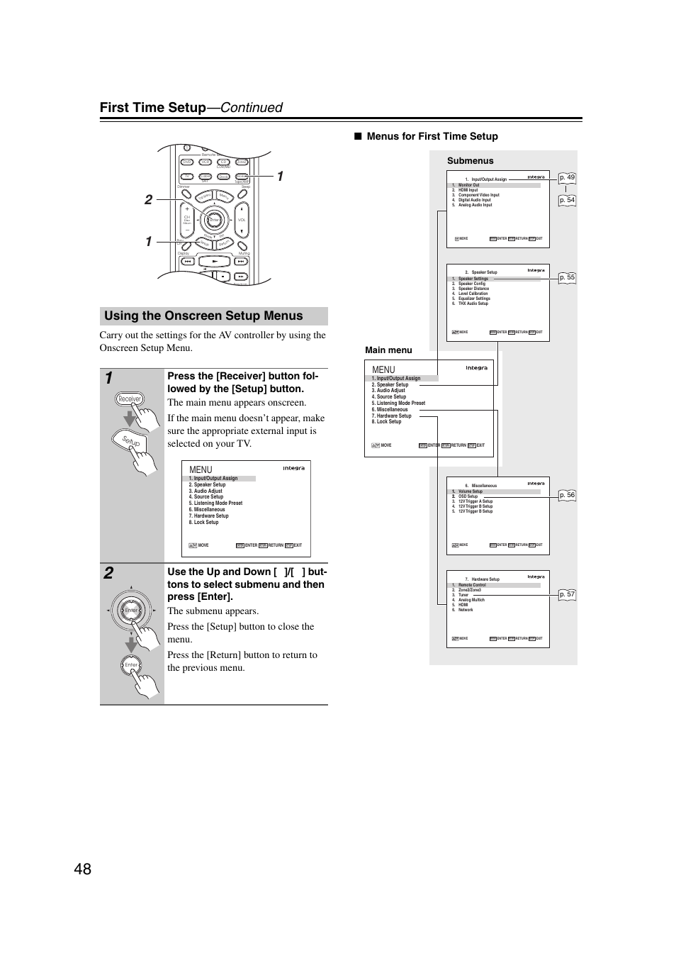 Using the onscreen setup menus, First time setup —continued, Menu | Submenus main menu | Integra DHC-9.9 User Manual | Page 48 / 148