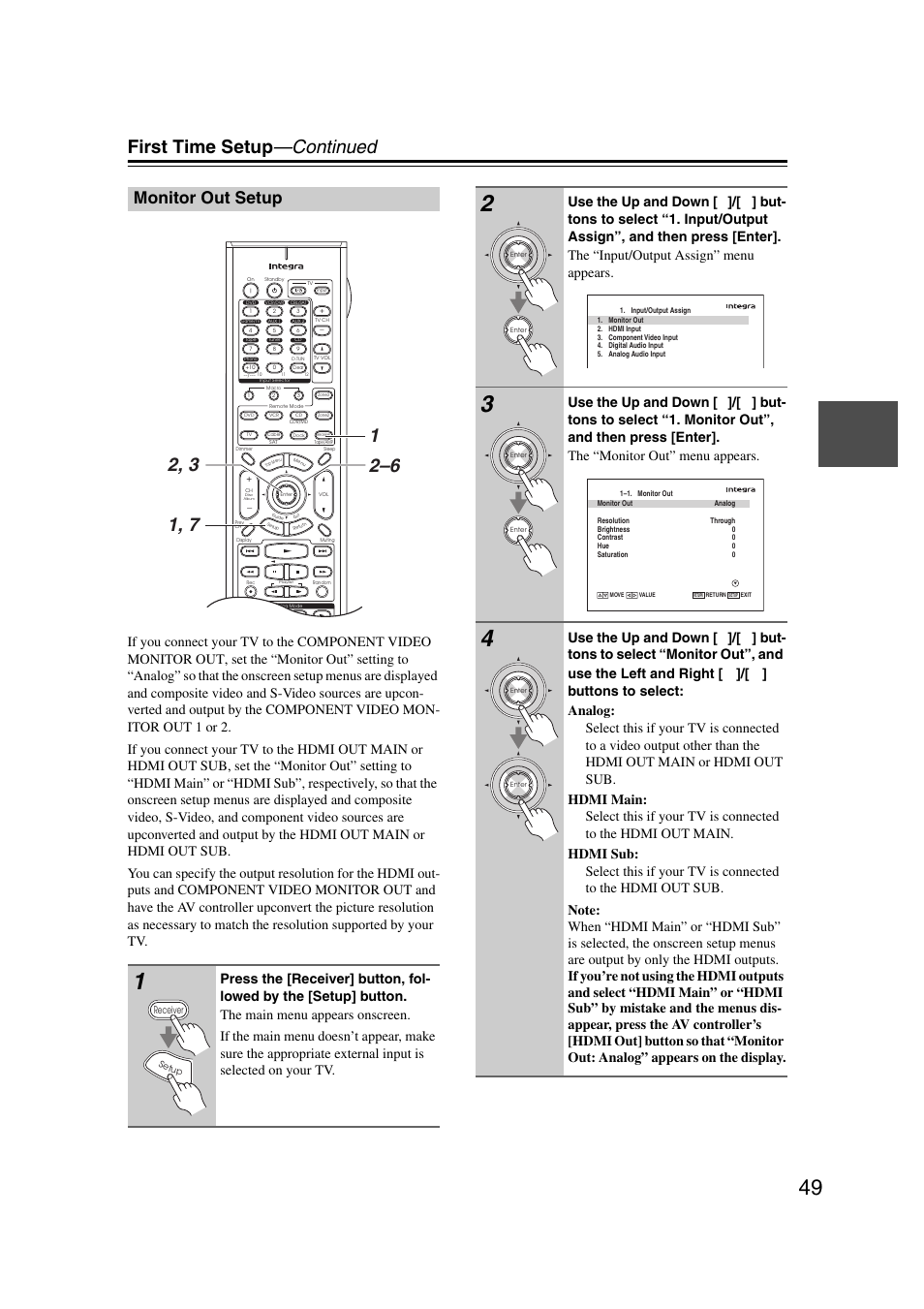 Monitor out setup, P. 49, First time setup —continued | Integra DHC-9.9 User Manual | Page 49 / 148