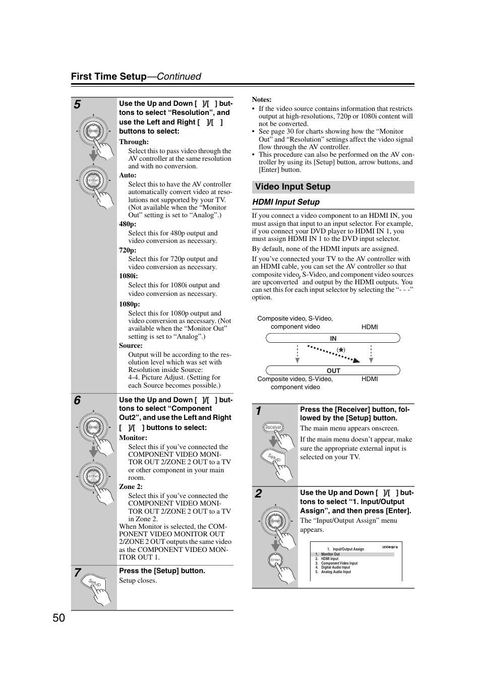 Video input setup, First time setup —continued | Integra DHC-9.9 User Manual | Page 50 / 148