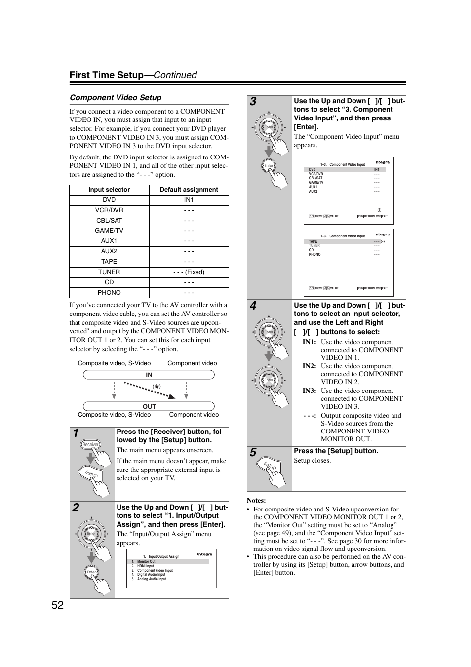 First time setup —continued, Component video setup | Integra DHC-9.9 User Manual | Page 52 / 148