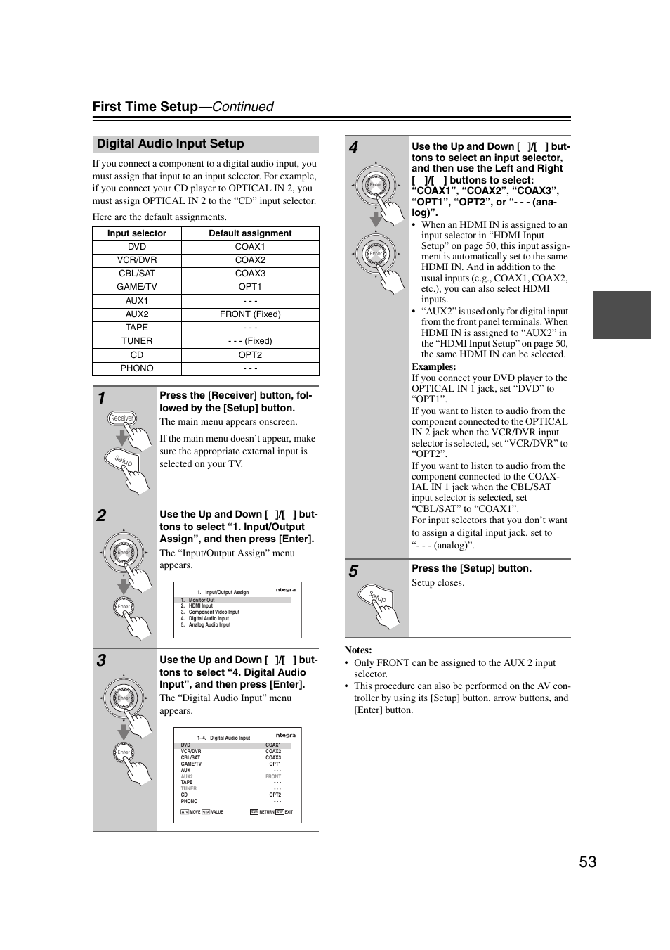 Digital audio input setup, First time setup —continued | Integra DHC-9.9 User Manual | Page 53 / 148