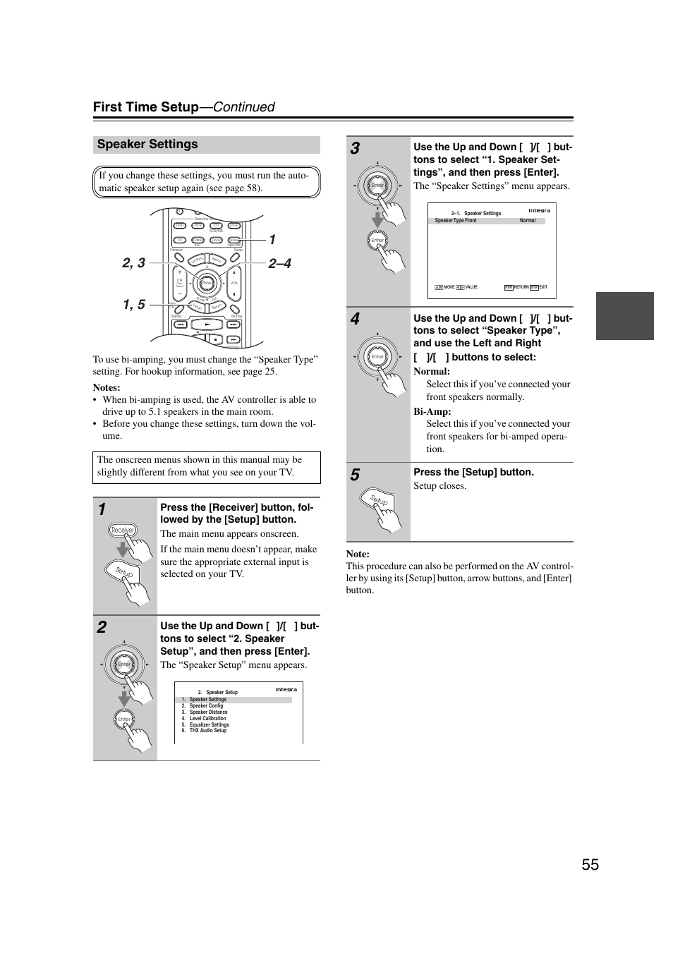 Speaker settings, P. 55, First time setup —continued | Press the [setup] button. setup closes | Integra DHC-9.9 User Manual | Page 55 / 148