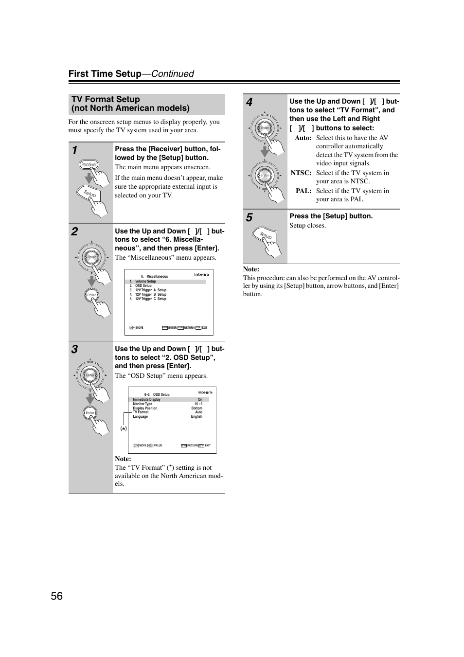 Tv format setup (not north american models), P. 56, First time setup —continued | Integra DHC-9.9 User Manual | Page 56 / 148