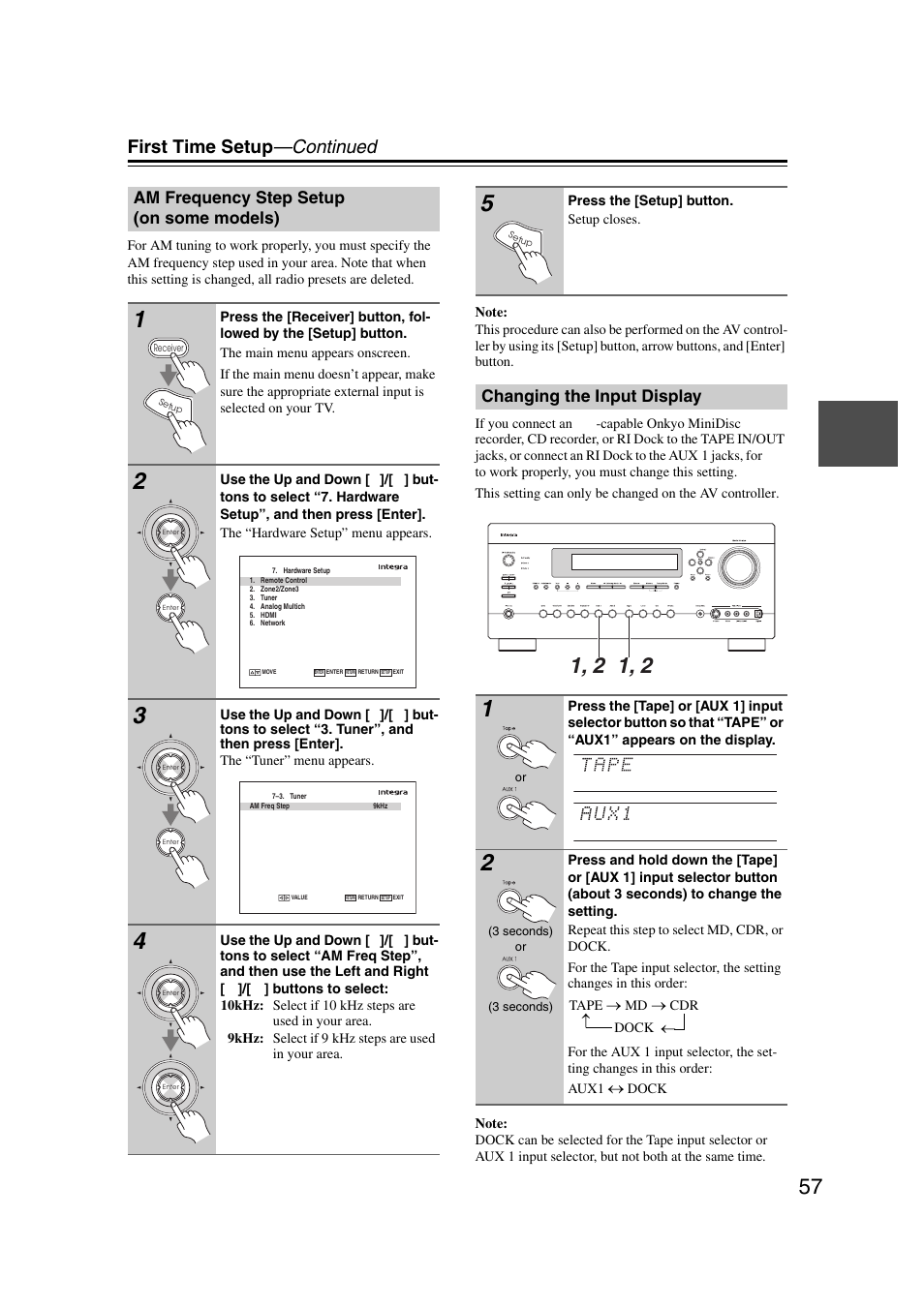 Am frequency step setup (on some models), Changing the input display, P. 57 | First time setup —continued | Integra DHC-9.9 User Manual | Page 57 / 148