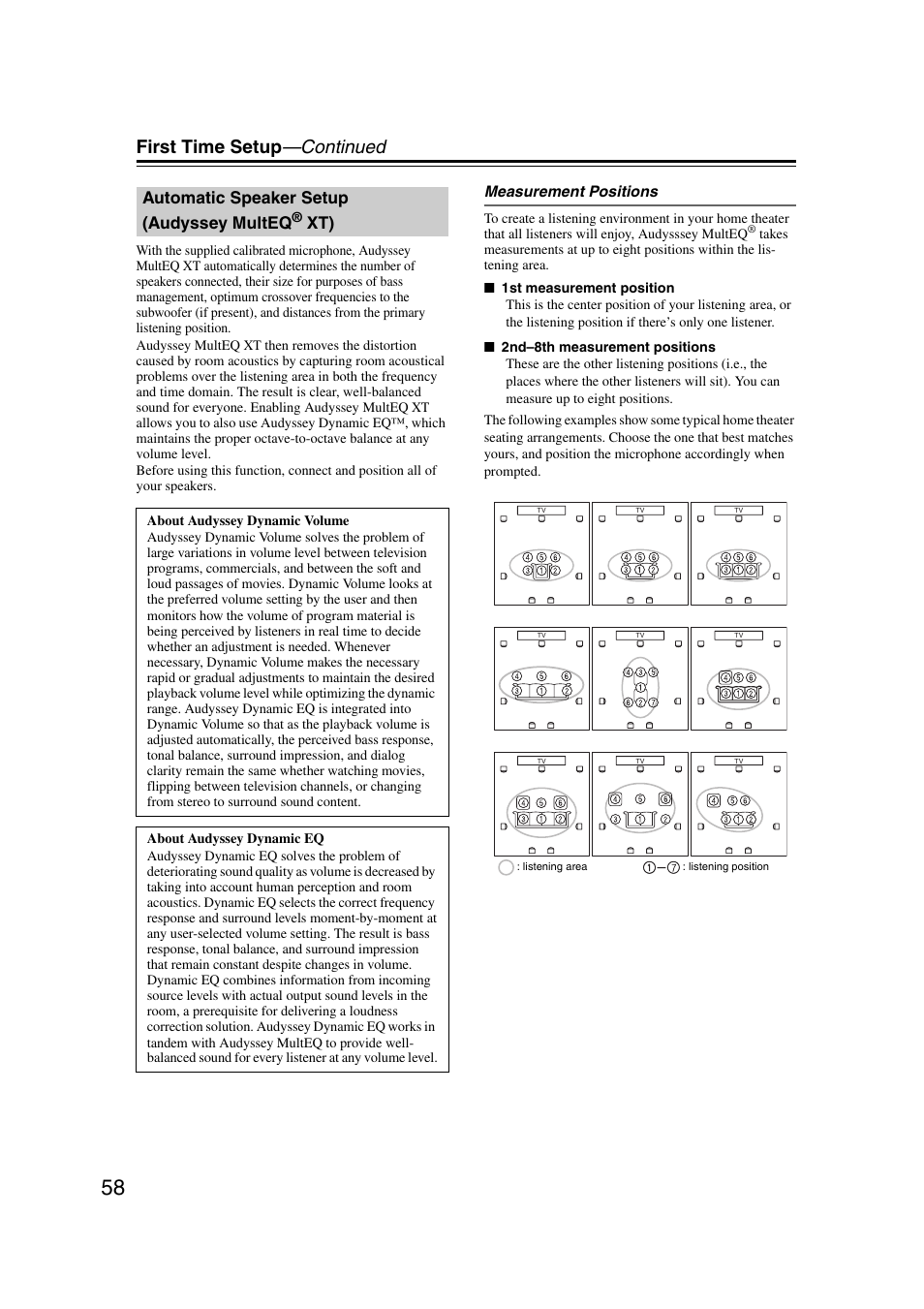 Automatic speaker setup (audyssey multeq(r) xt), Automatic speaker setup, Audyssey multeq® xt) | Tv vol, First time setup —continued, Automatic speaker setup (audyssey multeq | Integra DHC-9.9 User Manual | Page 58 / 148