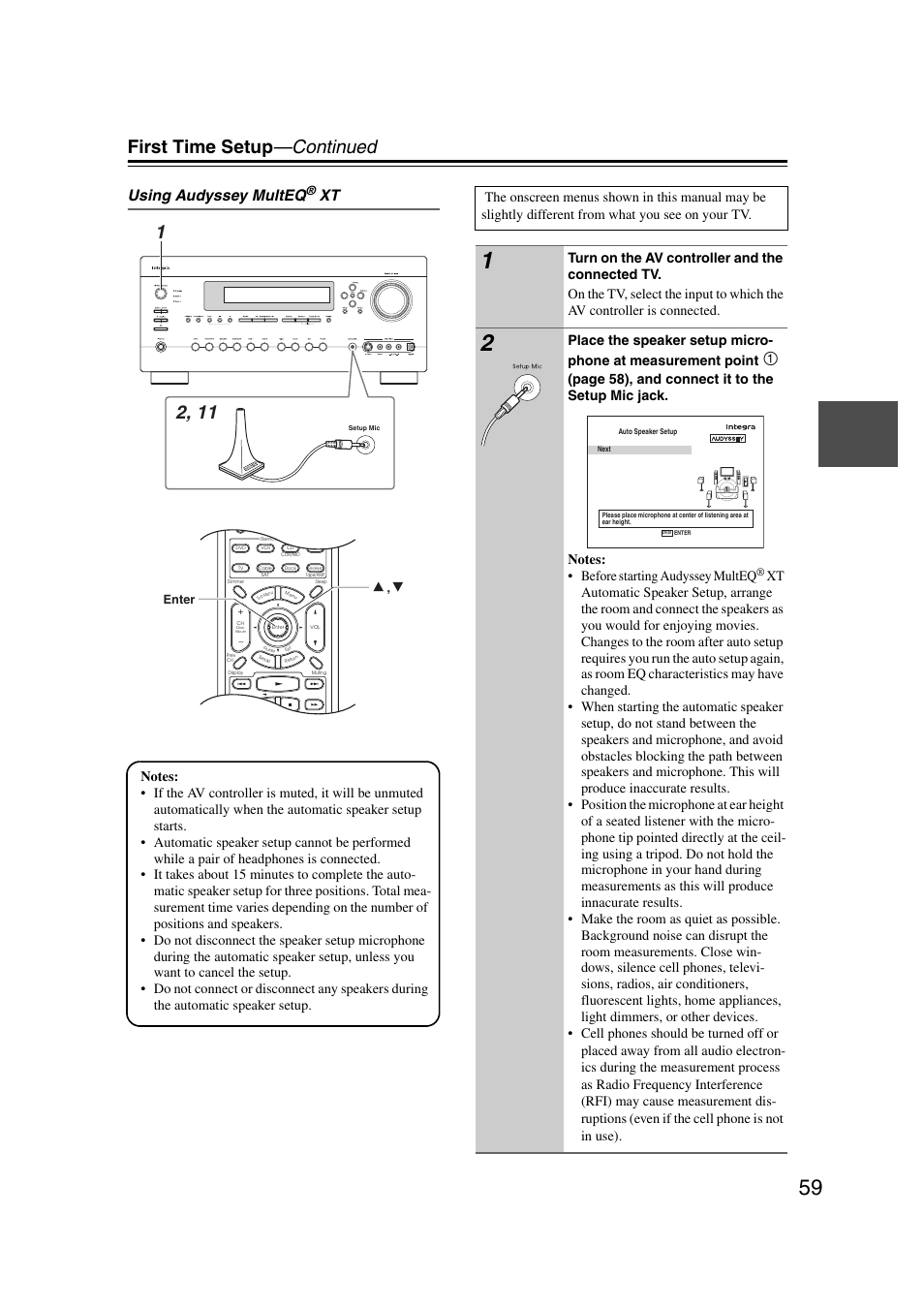 First time setup —continued, Using audyssey multeq, Enter | Integra DHC-9.9 User Manual | Page 59 / 148