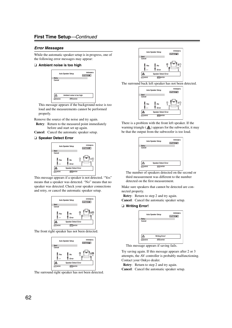 First time setup —continued, Error messages | Integra DHC-9.9 User Manual | Page 62 / 148