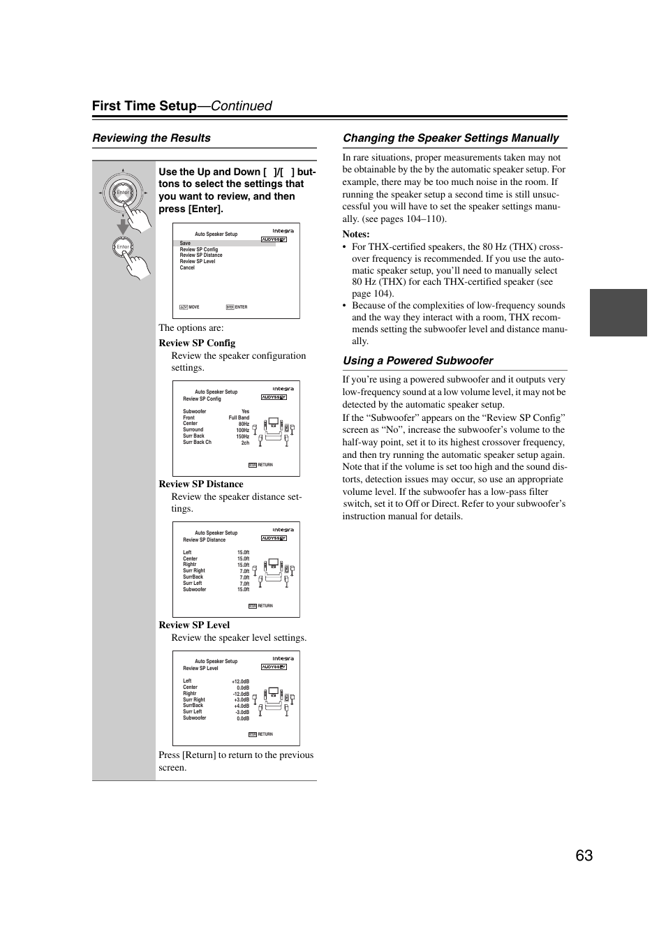 First time setup —continued, Using a powered subwoofer | Integra DHC-9.9 User Manual | Page 63 / 148