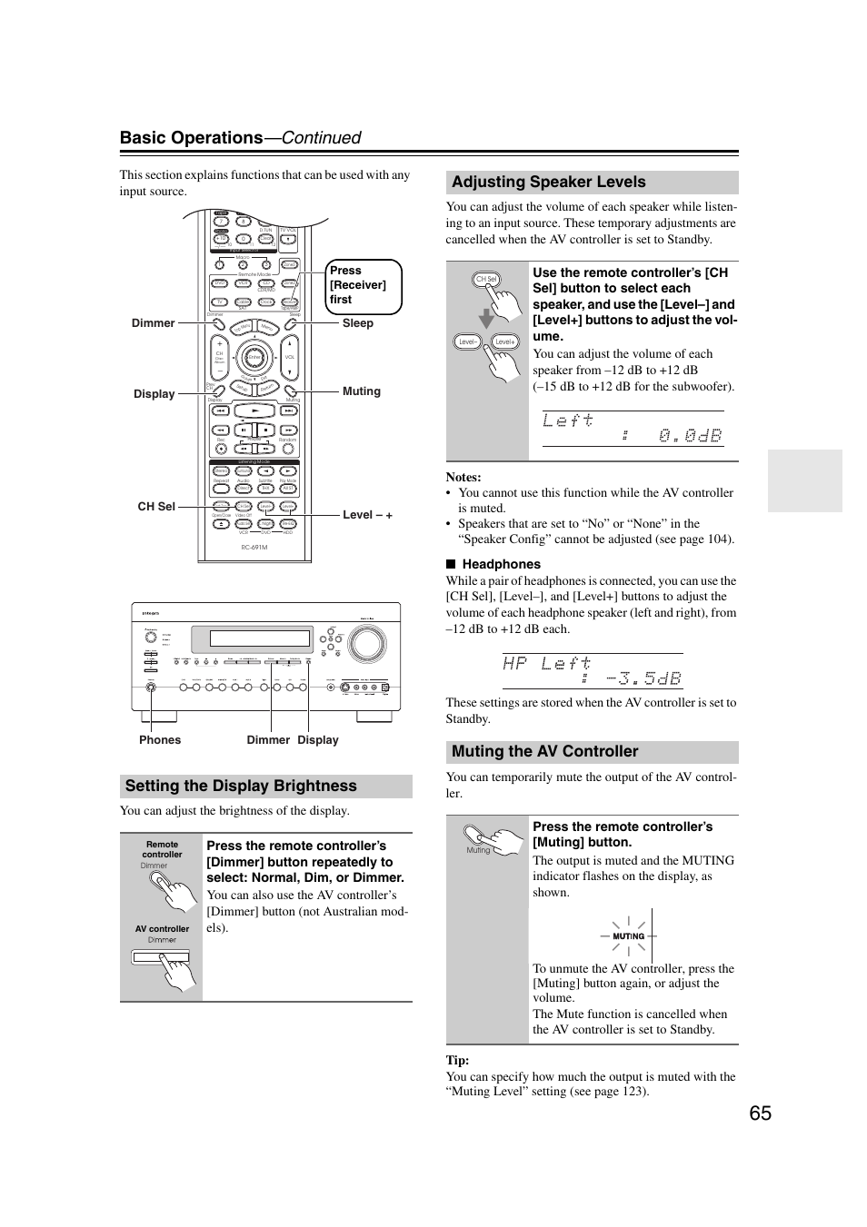 Setting the display brightness, Adjusting speaker levels, Muting the av controller | On (65, Muting indicator (65), Tton (65), Ttons (65, 1, Basic operations —continued | Integra DHC-9.9 User Manual | Page 65 / 148