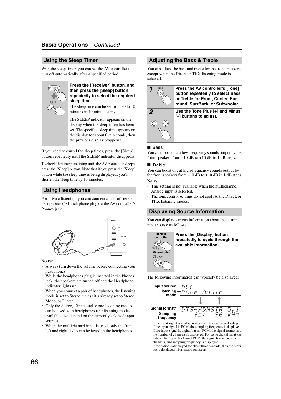 Using the sleep timer, Using headphones, Adjusting the bass & treble | Displaying source information, Ttons (66, Basic operations —continued | Integra DHC-9.9 User Manual | Page 66 / 148