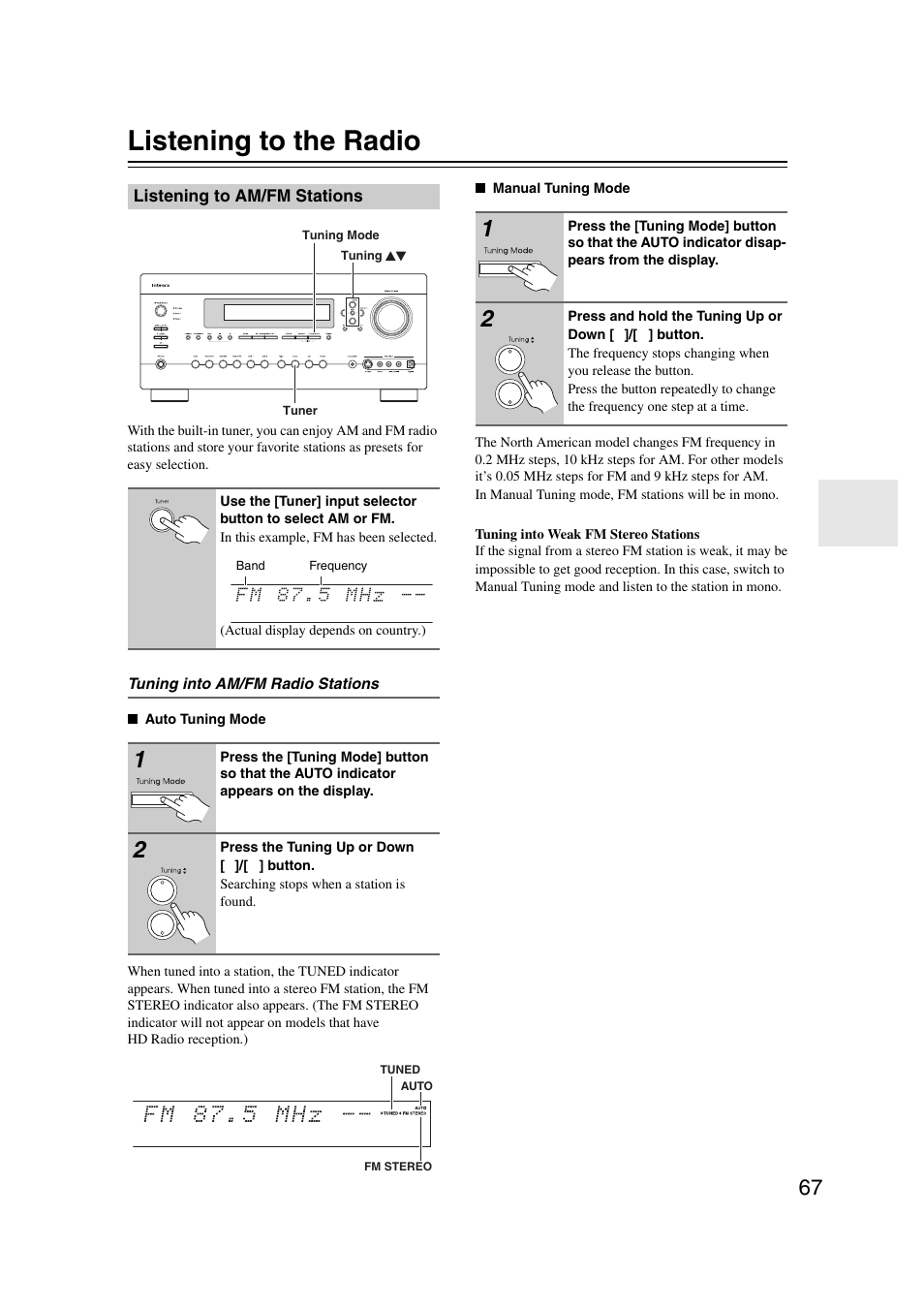 Listening to the radio, Listening to am/fm stations, N (67) | D (67) | Integra DHC-9.9 User Manual | Page 67 / 148