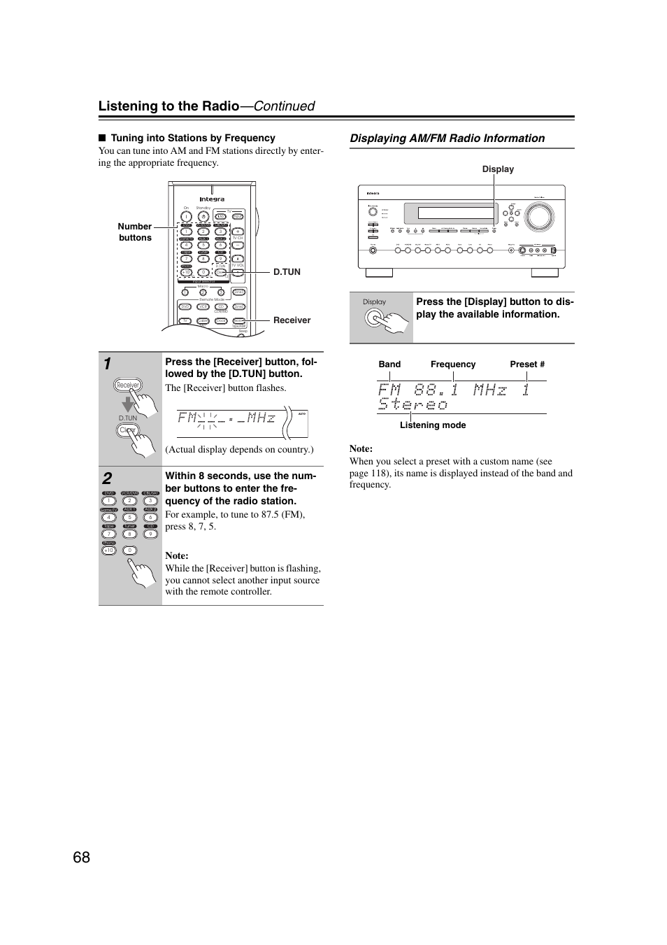 Listening to the radio —continued, Displaying am/fm radio information, D.tun receiver number buttons | Display band listening mode frequency preset | Integra DHC-9.9 User Manual | Page 68 / 148