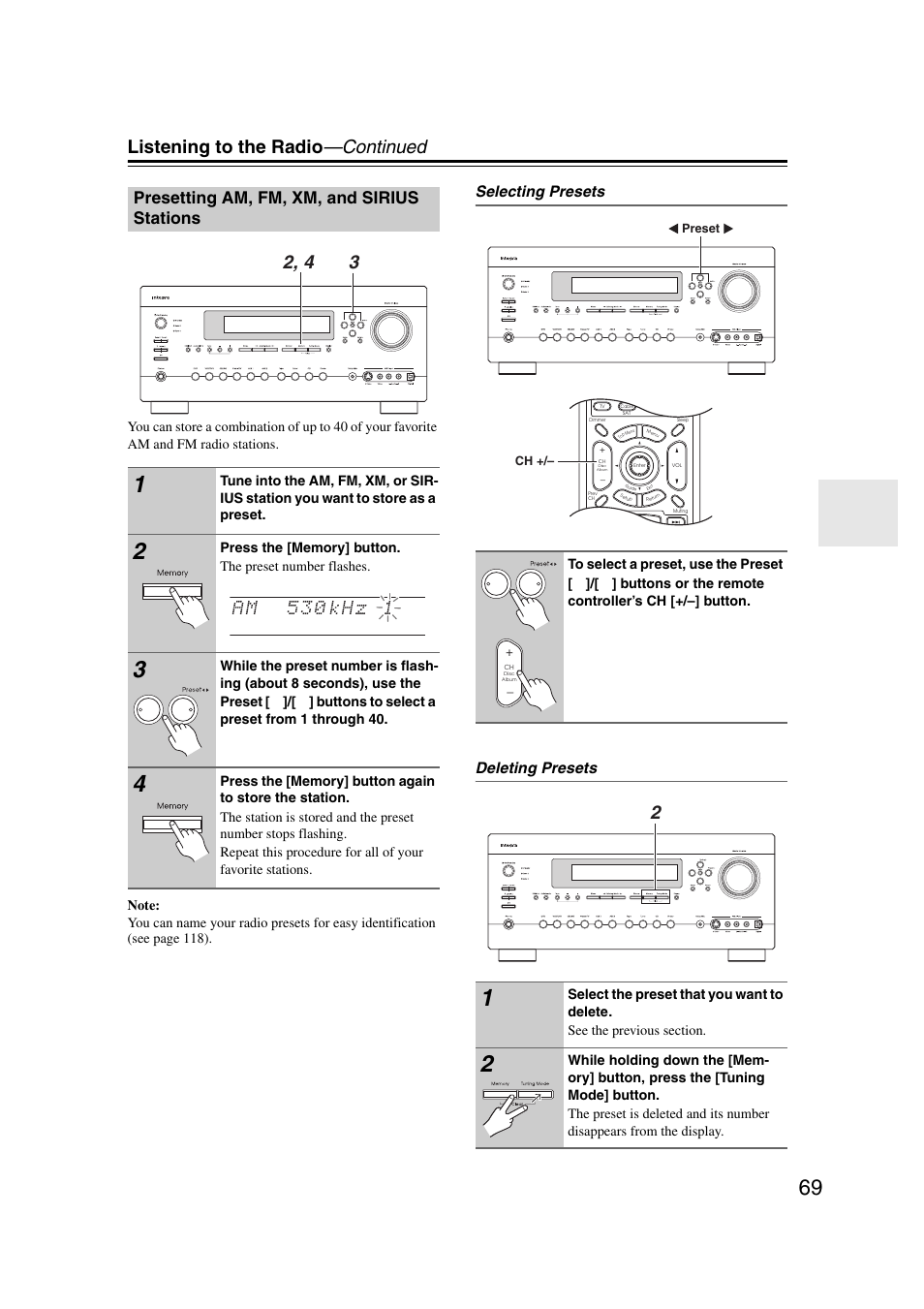 Presetting am, fm, xm, and sirius stations, On (69), Listening to the radio —continued | Selecting presets deleting presets, Ch +/– preset | Integra DHC-9.9 User Manual | Page 69 / 148