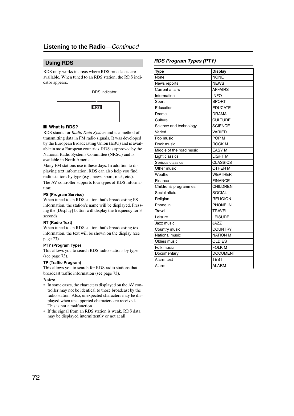 Using rds, Rds (72), Listening to the radio —continued | Integra DHC-9.9 User Manual | Page 72 / 148