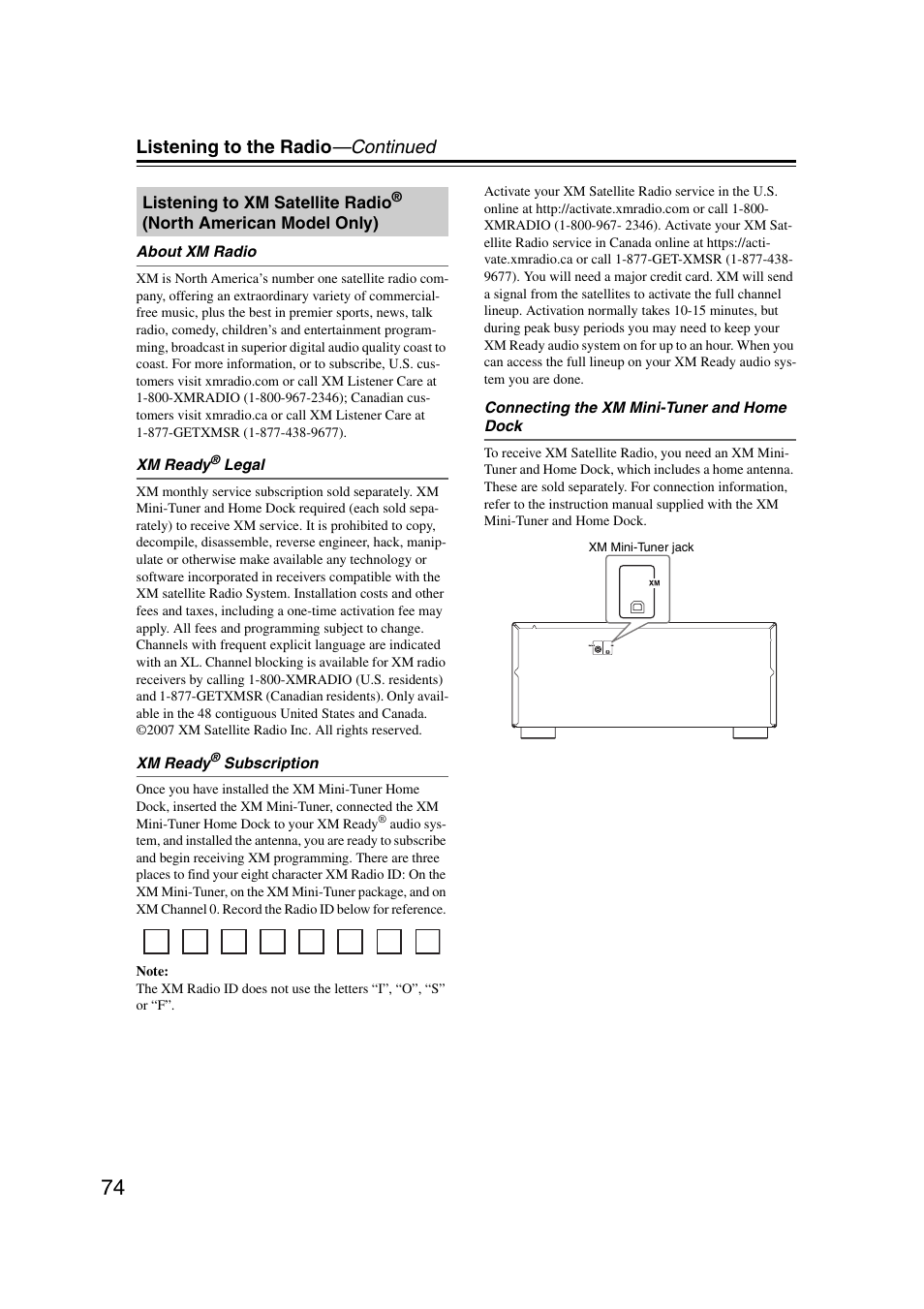 Listening to xm satellite radio, North american model only), Listening to the radio —continued | Integra DHC-9.9 User Manual | Page 74 / 148