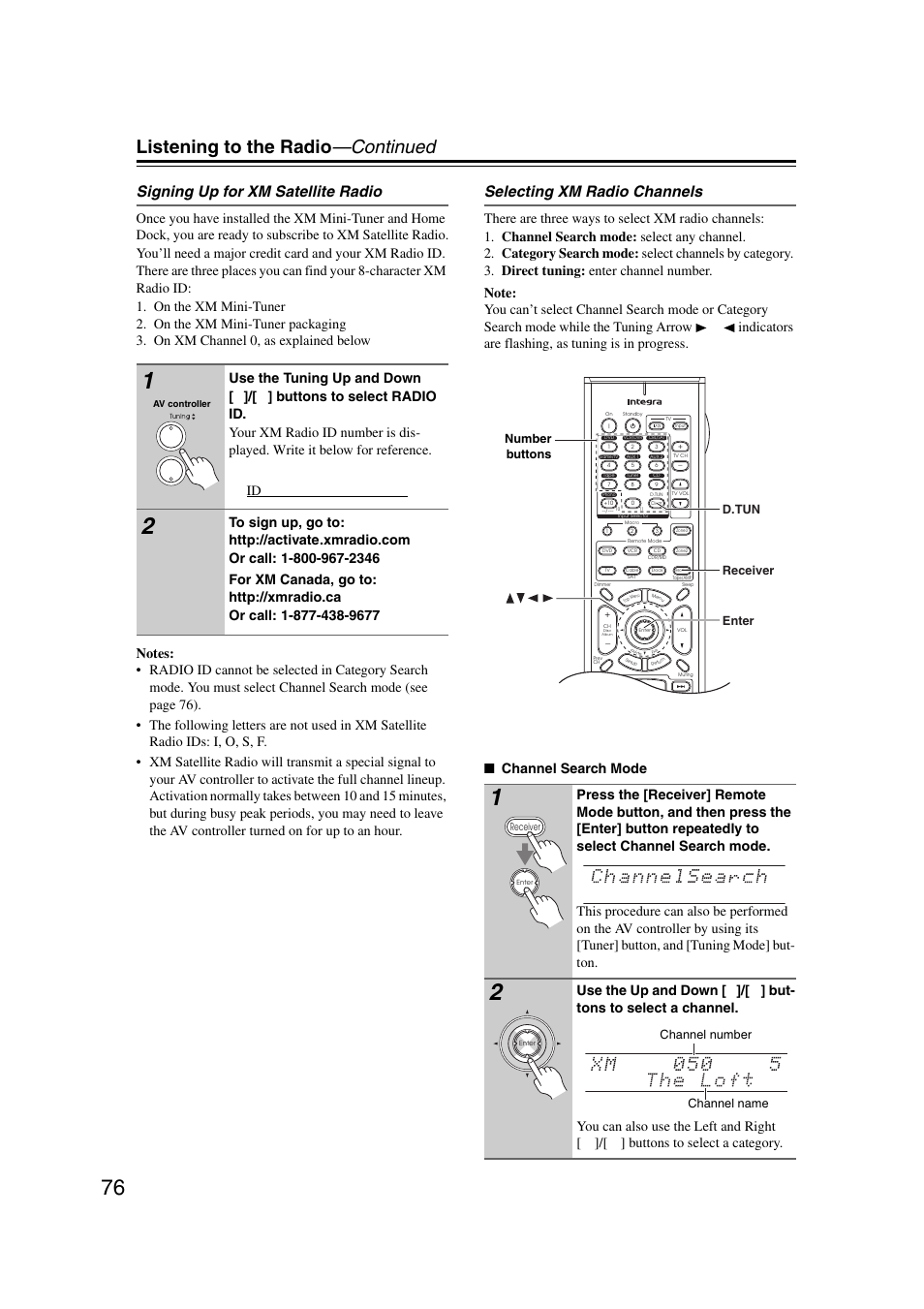 Listening to the radio —continued, Signing up for xm satellite radio, Selecting xm radio channels | Receiver d.tun enter number buttons, Channel name channel number | Integra DHC-9.9 User Manual | Page 76 / 148