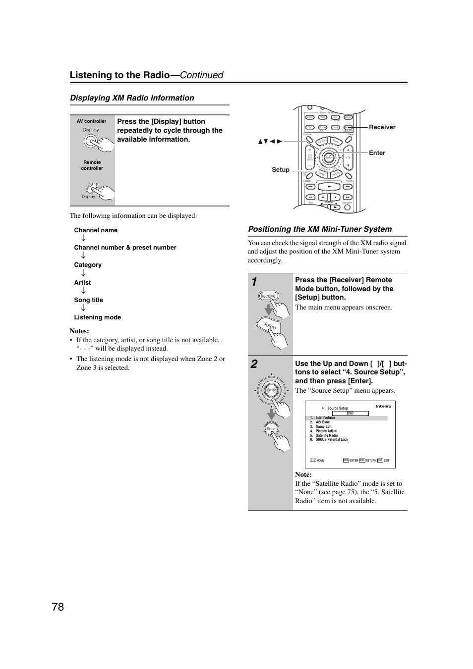 Listening to the radio —continued, Displaying xm radio information, Positioning the xm mini-tuner system | Channel name, Channel number & preset number, Category, Artist, Song title, Listening mode, Setup receiver enter | Integra DHC-9.9 User Manual | Page 78 / 148