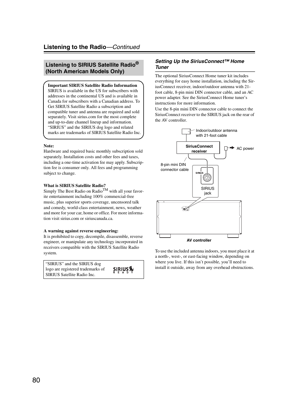 Listening to sirius satellite radio, North american models only), Listening to the radio —continued | Integra DHC-9.9 User Manual | Page 80 / 148