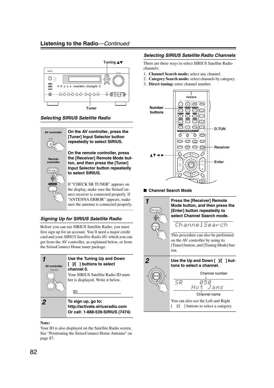 Listening to the radio —continued, Selecting sirius satellite, Radio channels | Tuner tuning, Receiver d.tun enter number buttons, Channel name channel number | Integra DHC-9.9 User Manual | Page 82 / 148