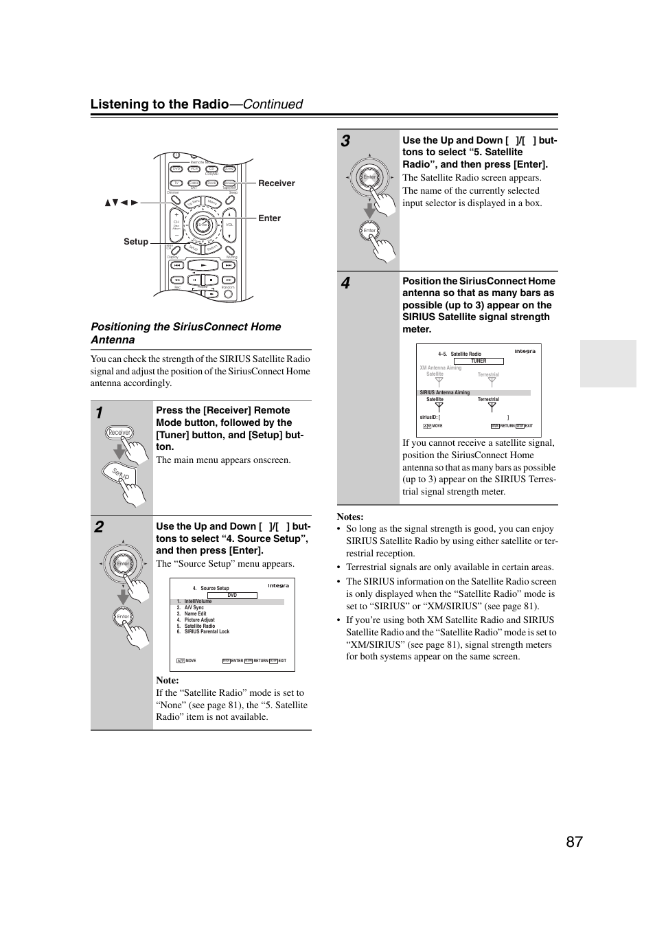 Listening to the radio —continued, Positioning the siriusconnect home antenna, Setup receiver enter | Integra DHC-9.9 User Manual | Page 87 / 148