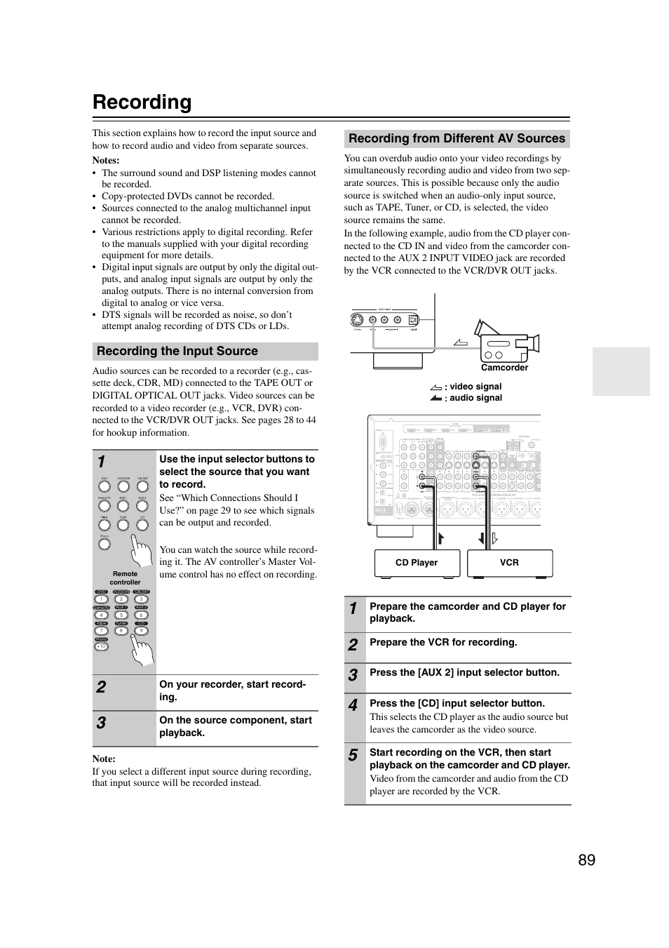 Recording, Recording the input source, Recording from different av sources | Integra DHC-9.9 User Manual | Page 89 / 148