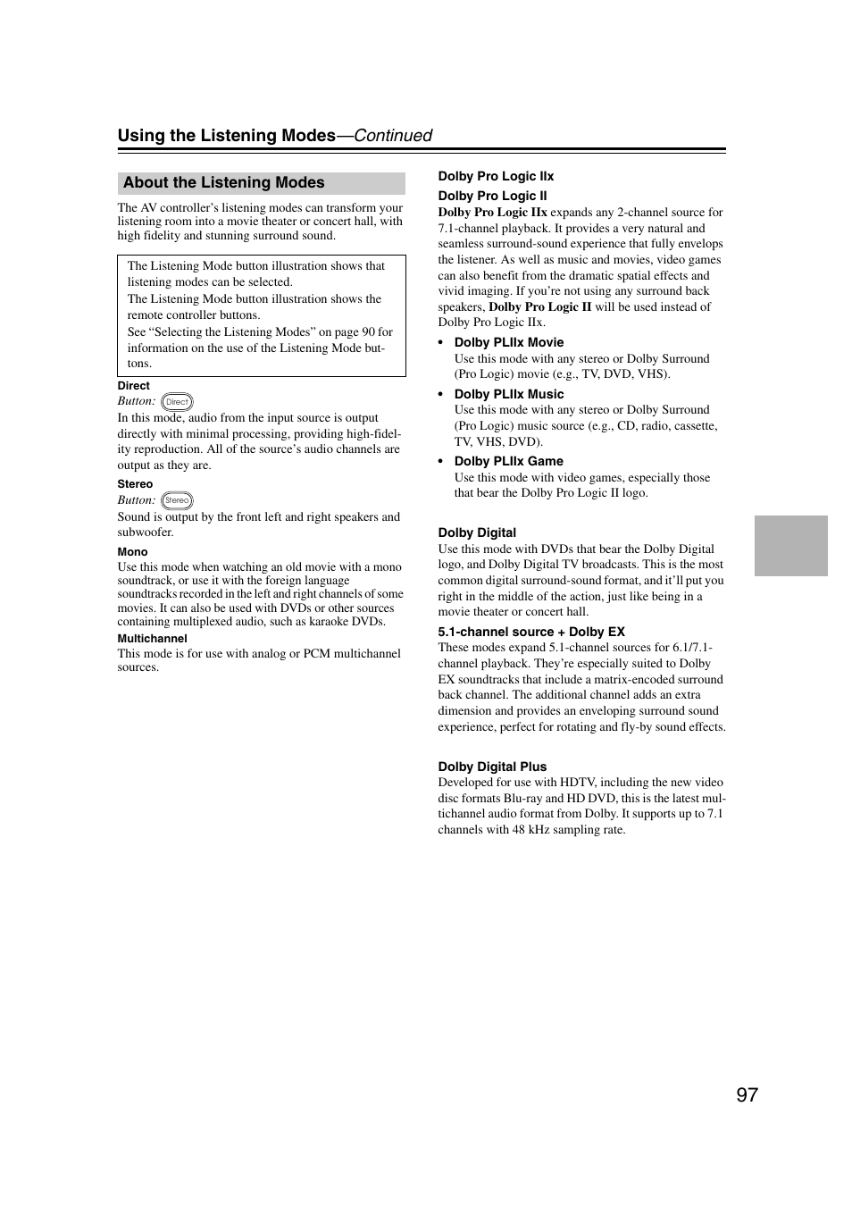About the listening modes, Using the listening modes —continued | Integra DHC-9.9 User Manual | Page 97 / 148