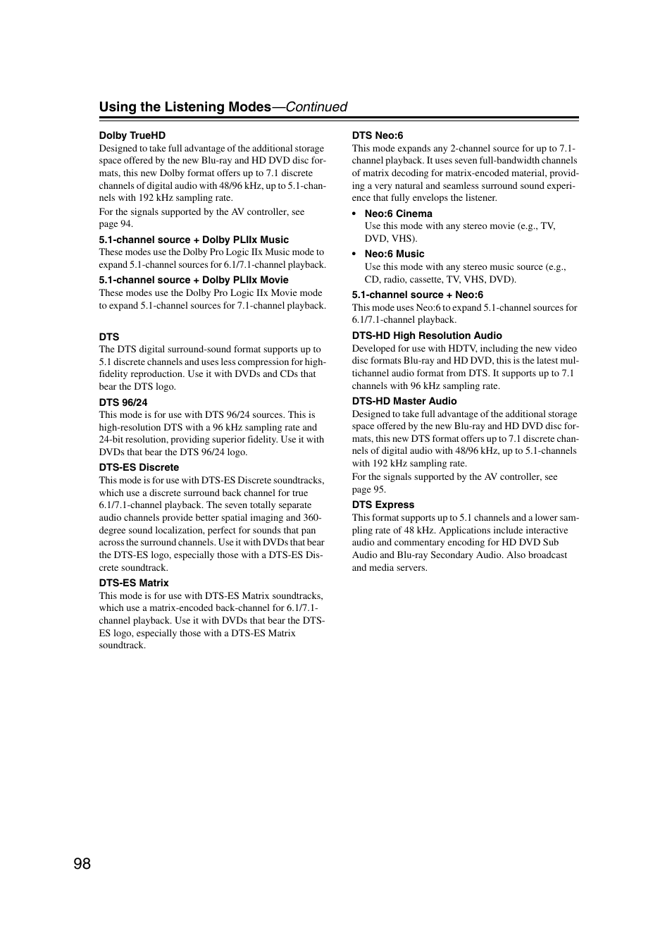 Using the listening modes —continued | Integra DHC-9.9 User Manual | Page 98 / 148