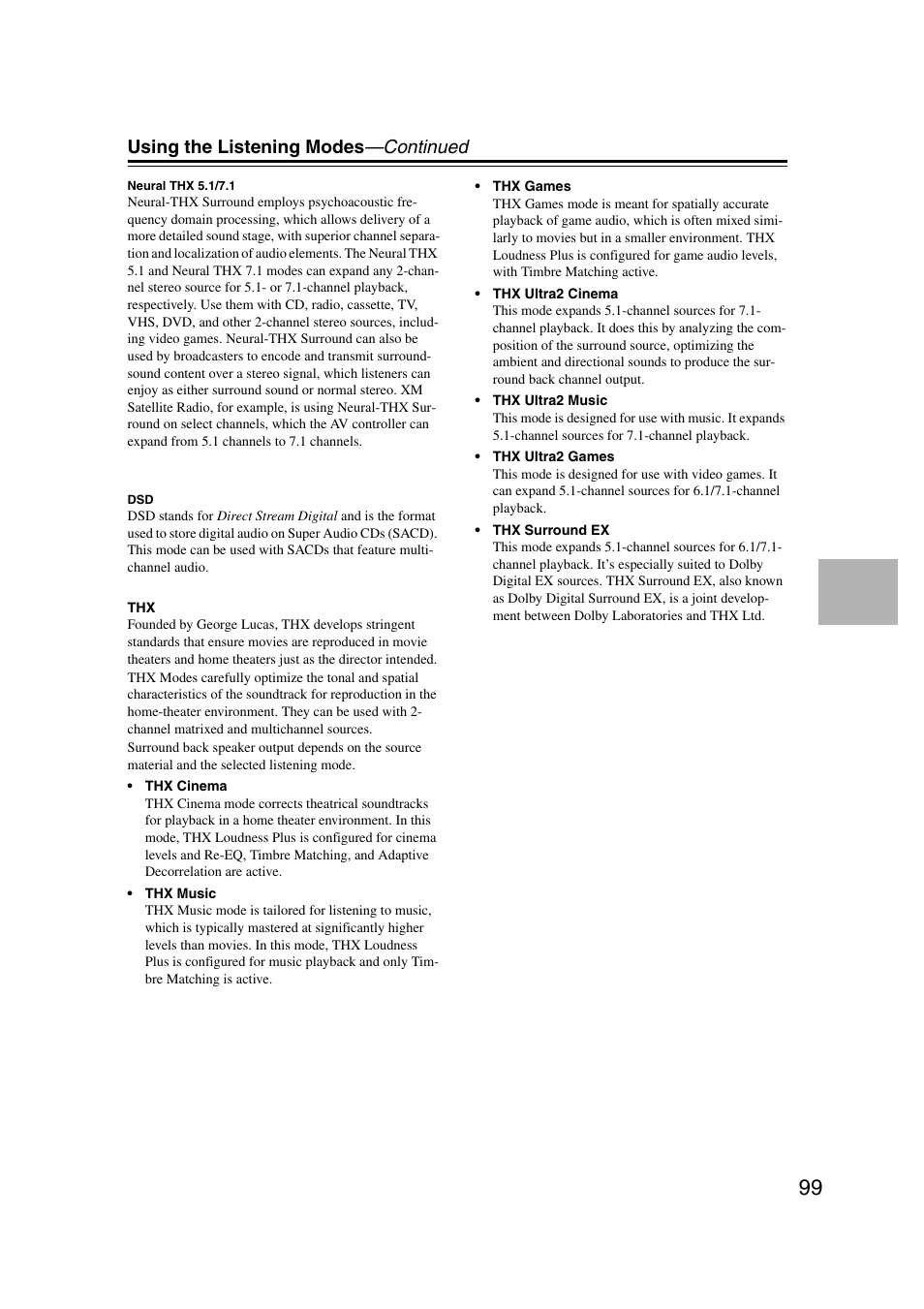 Using the listening modes —continued | Integra DHC-9.9 User Manual | Page 99 / 148