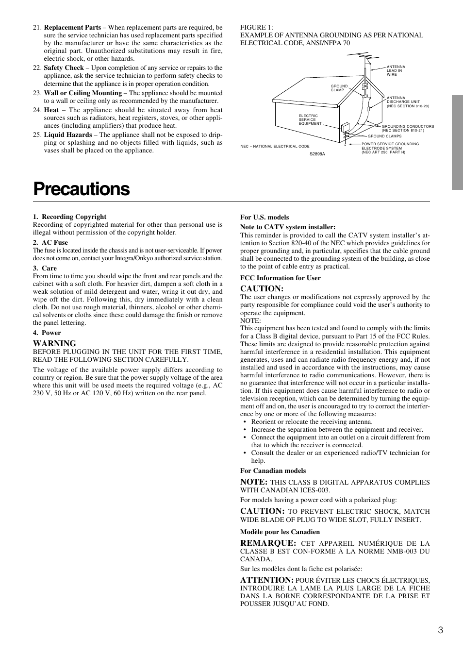 Precautions | Integra DTR-5.3 User Manual | Page 3 / 80