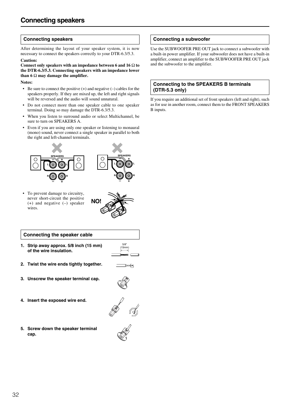 Connecting speakers, Connecting a subwoofer, Connecting the speaker cable | Integra DTR-5.3 User Manual | Page 32 / 80