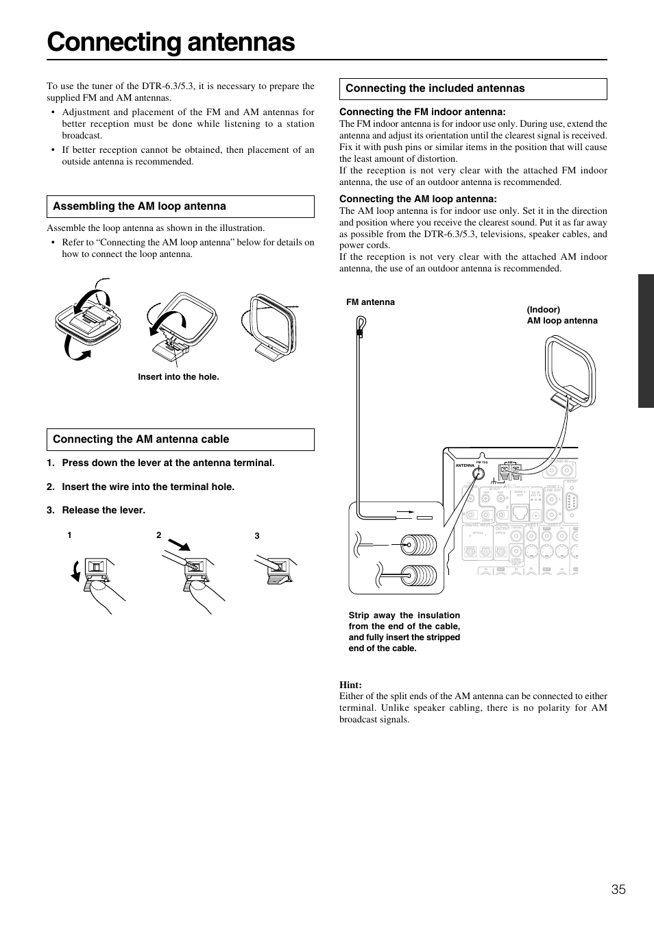 Connecting antennas, Connecting the included antennas, Assembling the am loop antenna | Connecting the am antenna cable, Insert into the hole. fm antenna | Integra DTR-5.3 User Manual | Page 35 / 80