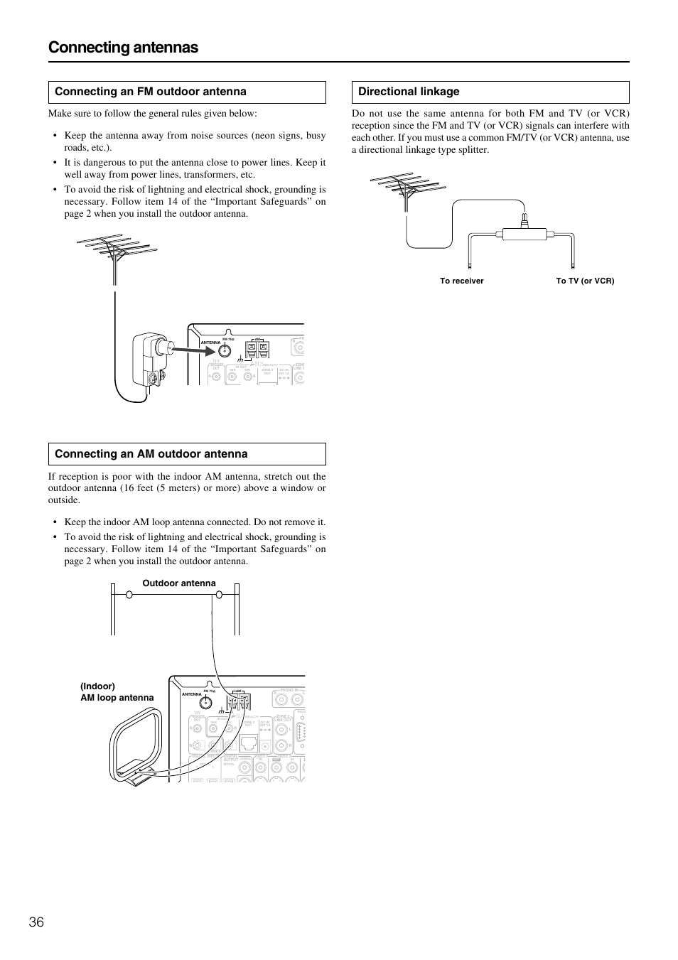 Connecting antennas, Connecting an fm outdoor antenna, Connecting an am outdoor antenna | Directional linkage, Outdoor antenna (indoor) am loop antenna | Integra DTR-5.3 User Manual | Page 36 / 80