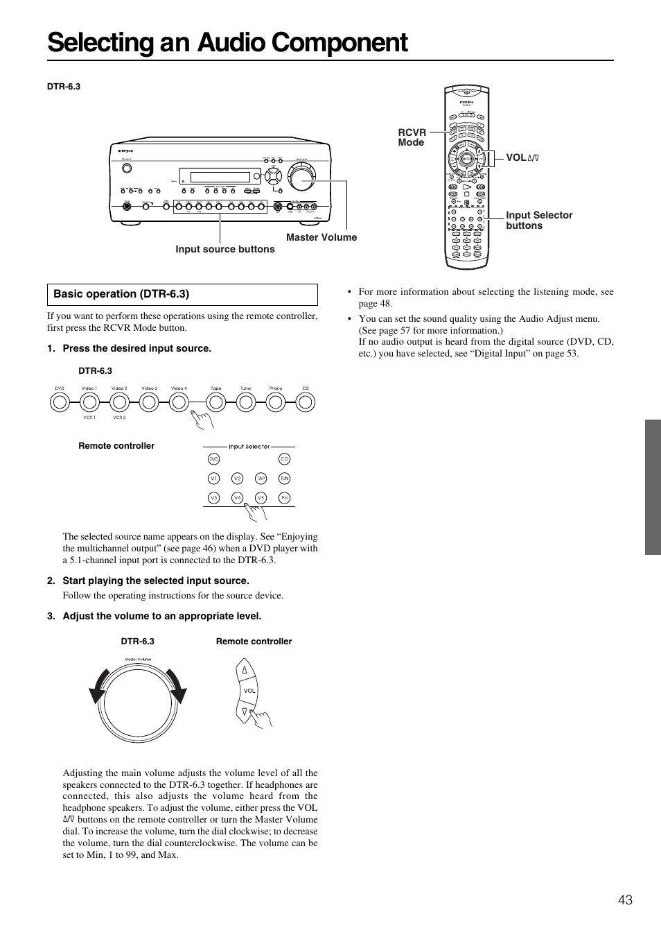 Selecting an audio component | Integra DTR-5.3 User Manual | Page 43 / 80