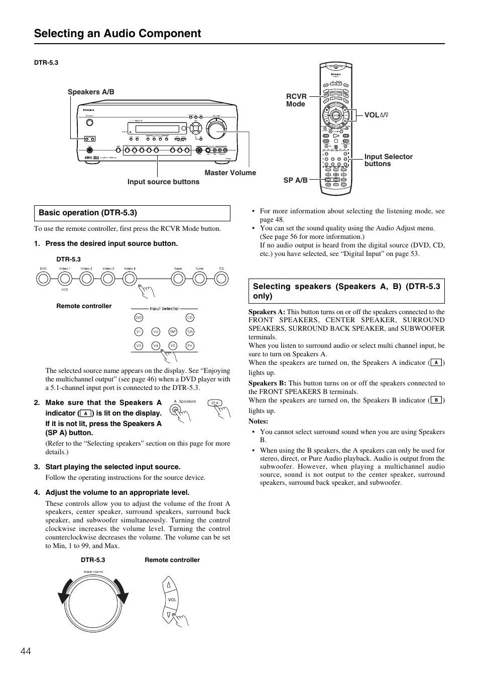 Selecting an audio component | Integra DTR-5.3 User Manual | Page 44 / 80