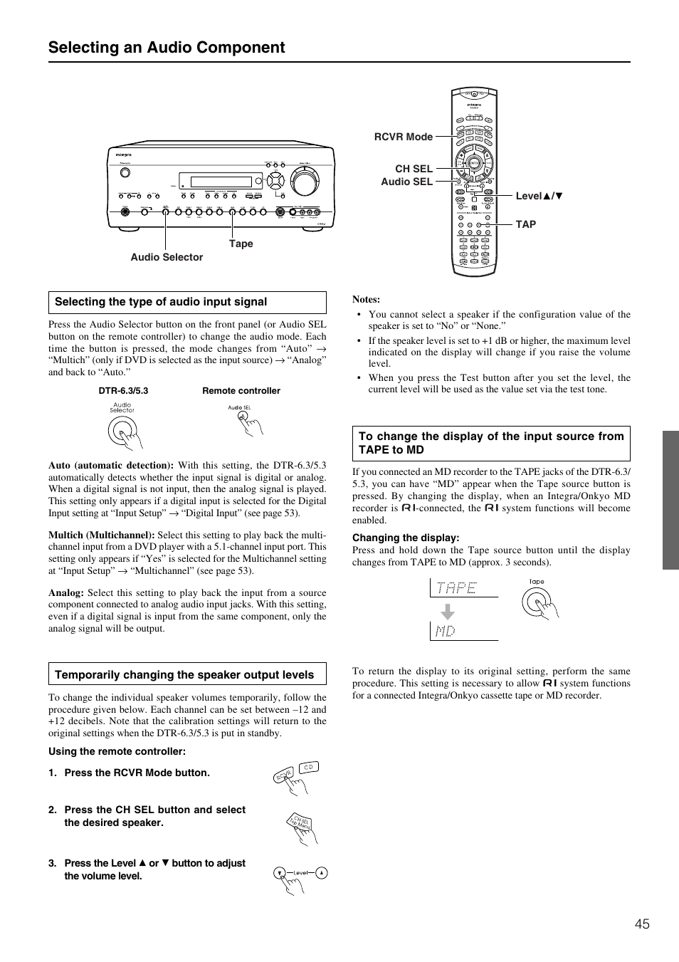 Selecting an audio component | Integra DTR-5.3 User Manual | Page 45 / 80