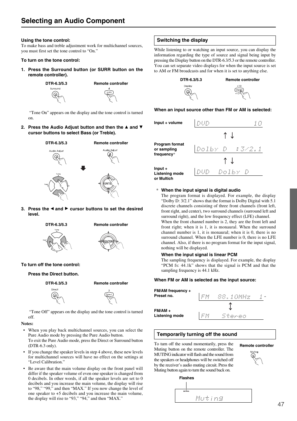Selecting an audio component | Integra DTR-5.3 User Manual | Page 47 / 80