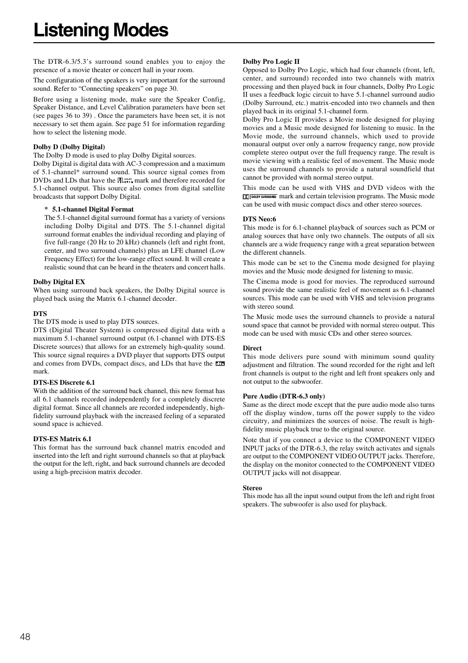 Listening modes | Integra DTR-5.3 User Manual | Page 48 / 80