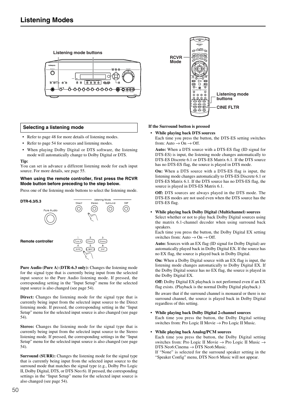 Listening modes | Integra DTR-5.3 User Manual | Page 50 / 80