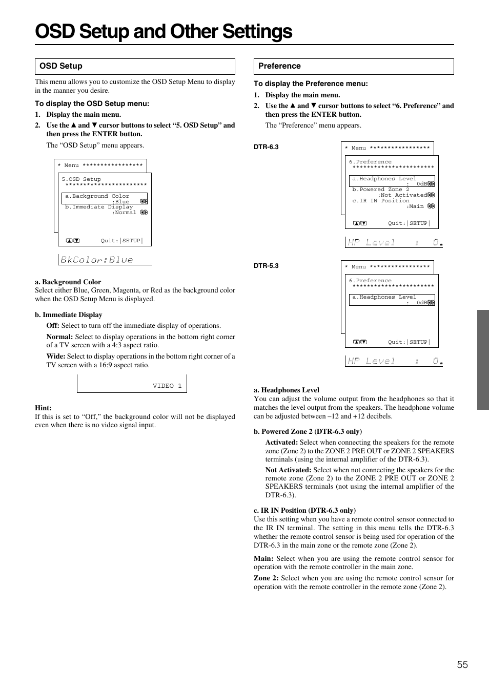 Osd setup and other settings | Integra DTR-5.3 User Manual | Page 55 / 80