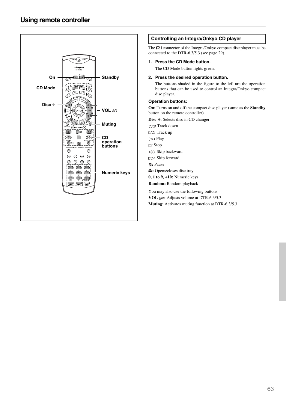 Using remote controller | Integra DTR-5.3 User Manual | Page 63 / 80