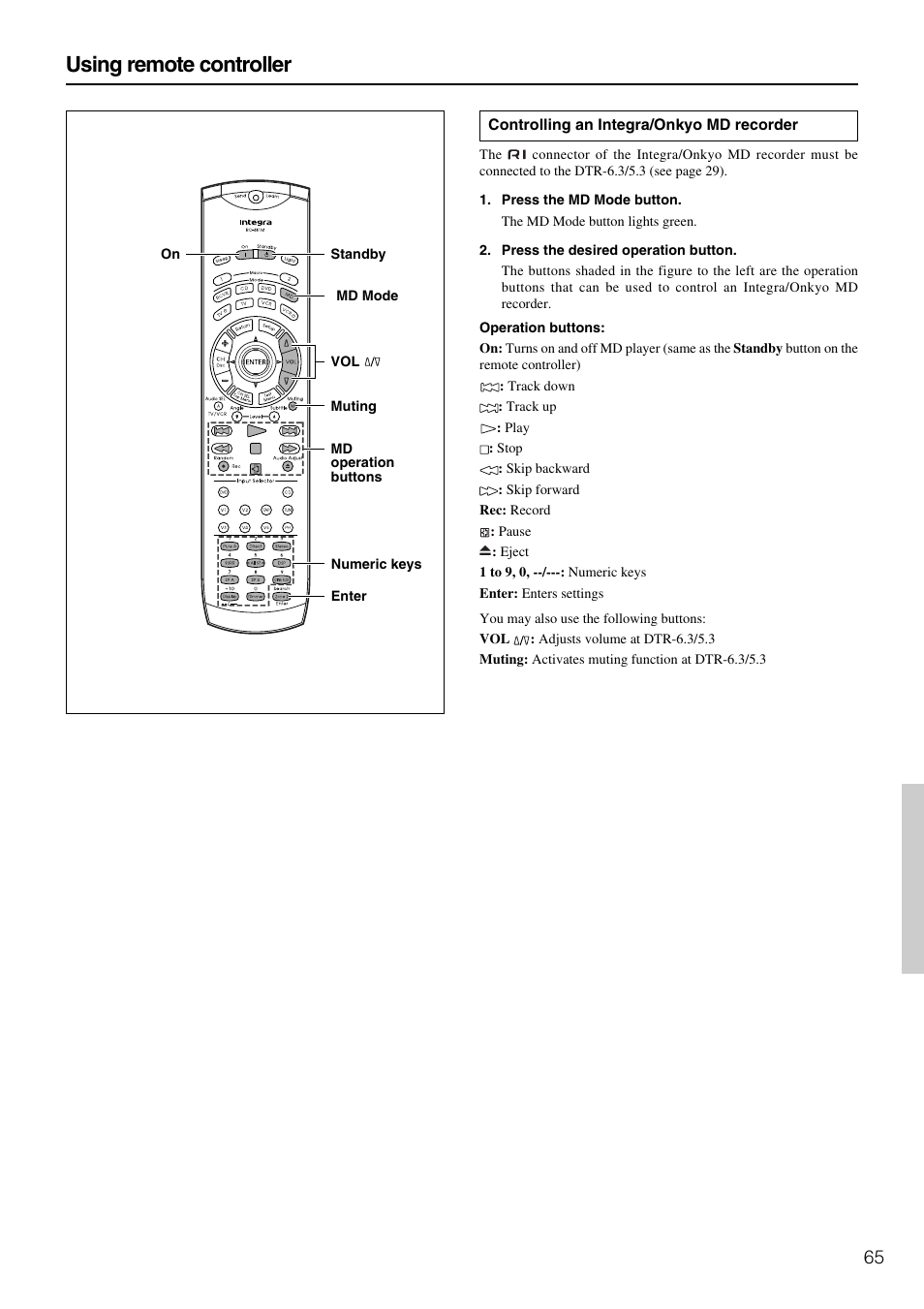 Using remote controller | Integra DTR-5.3 User Manual | Page 65 / 80