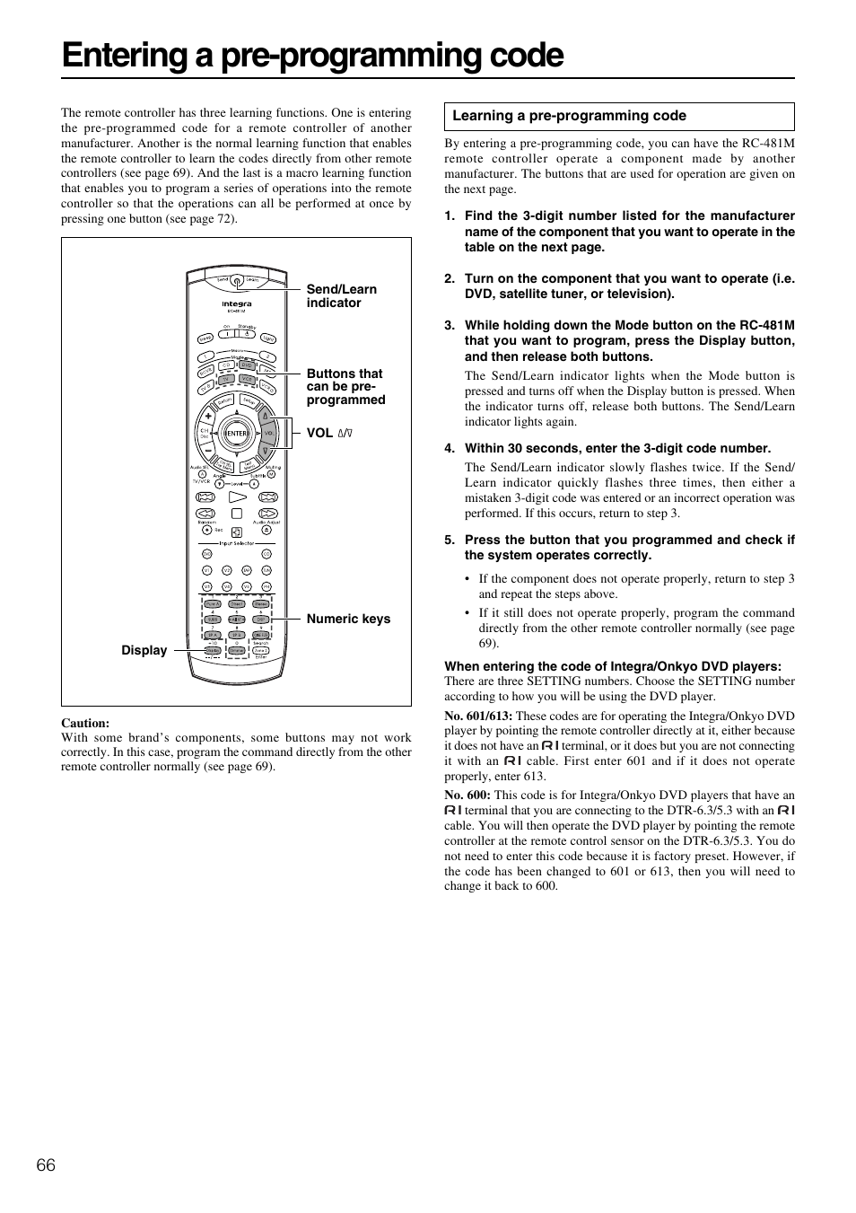 Entering a pre-programming code | Integra DTR-5.3 User Manual | Page 66 / 80