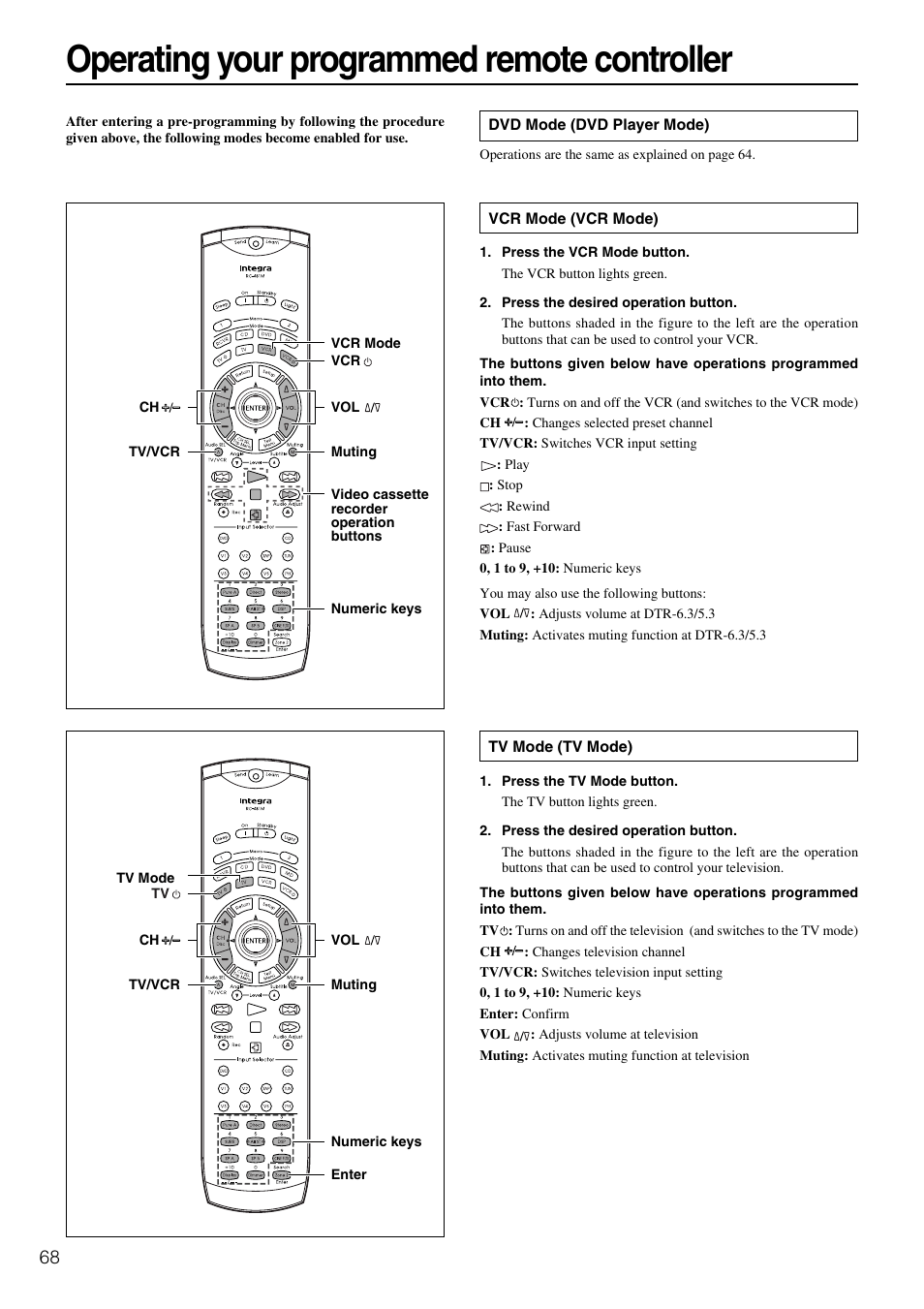 Operating your programmed remote controller | Integra DTR-5.3 User Manual | Page 68 / 80