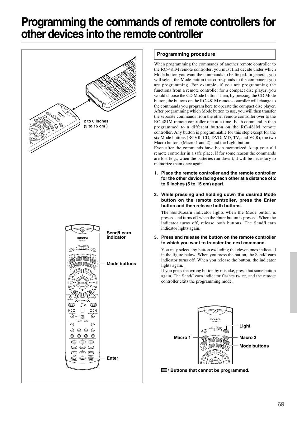 Programming procedure, Mode buttons buttons that cannot be programmed | Integra DTR-5.3 User Manual | Page 69 / 80