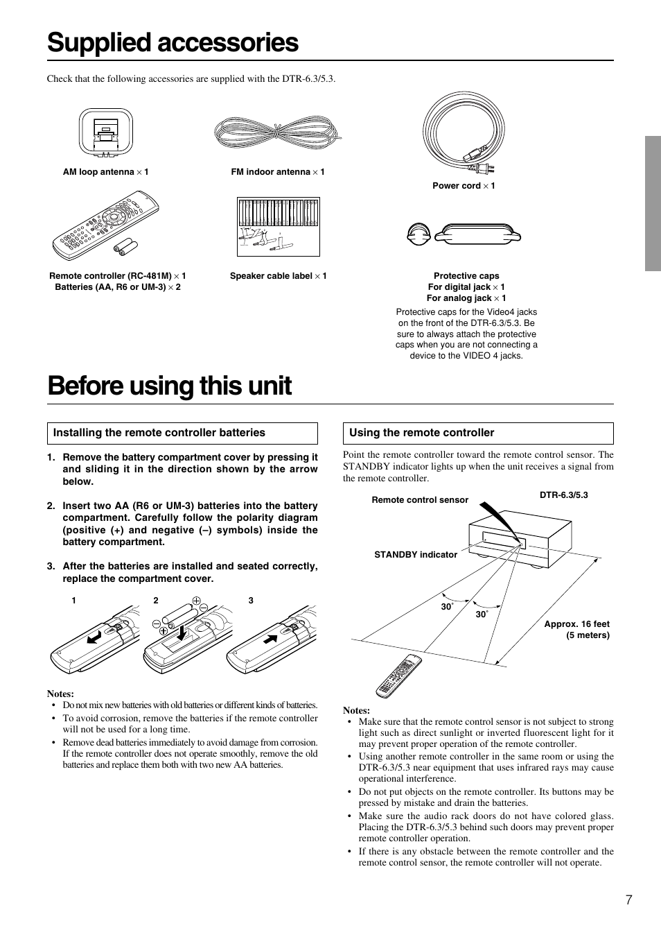 Before using this unit supplied accessories, Using the remote controller, Installing the remote controller batteries | Speaker cable | Integra DTR-5.3 User Manual | Page 7 / 80